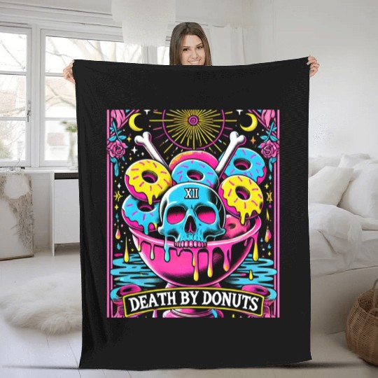 Death by Donuts Tarot Card skull gothic bowl funny Fleece Blankets