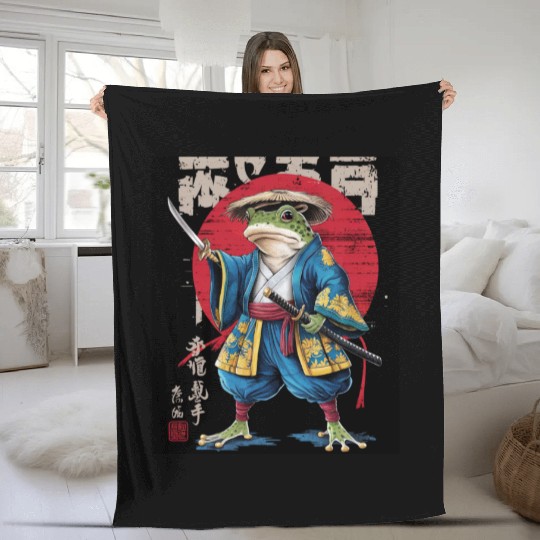 Samurai Spirit Frog Warrior of Japan Rising Sun Fleece Blankets