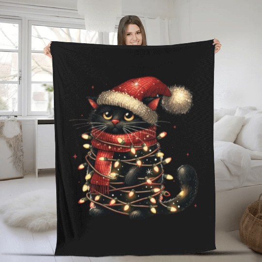 Black Cat In Christmas Light, Cat Lights Fleece Blankets