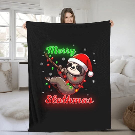 Merry Slothmas Sloth In Santa Hat Christmas Fleece Blankets