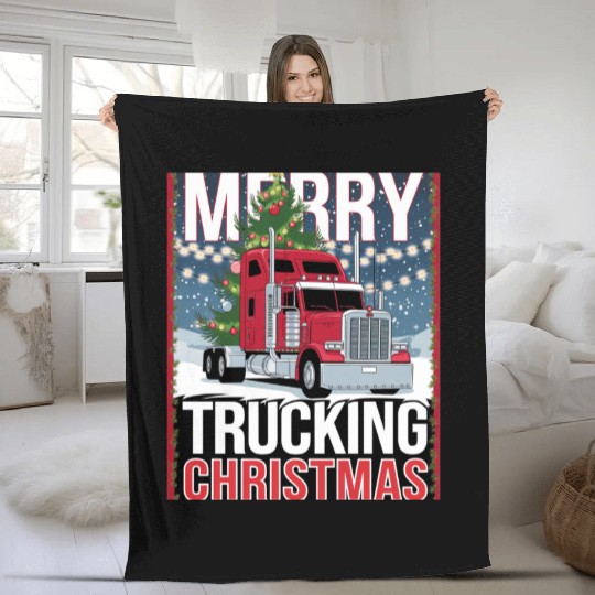 Merry Trucking Christmas Festive Semi-Truck Card Fleece Blankets
