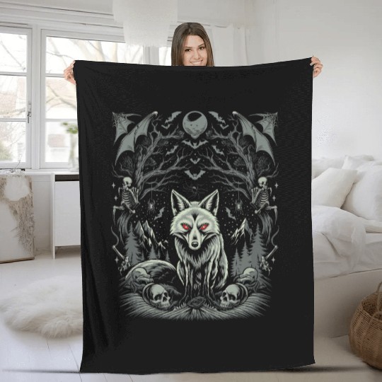 Dark Cottagecore Mystic Wolf Amidst Gothic Forest Fleece Blankets