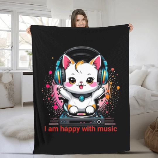 My happy cat musician Fleece Blankets