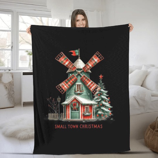 Small Town Christmas Windmill Fleece Blankets