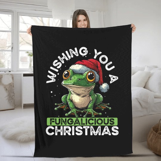 Merry Christmas Frog on Mushroom Cottagecore Fleece Blankets