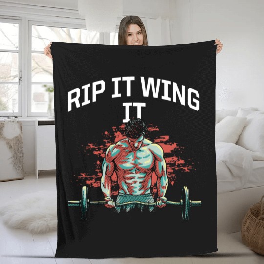 Rip It Wing It Funny Workout Humor Gym Sayings Fit Fleece Blankets
