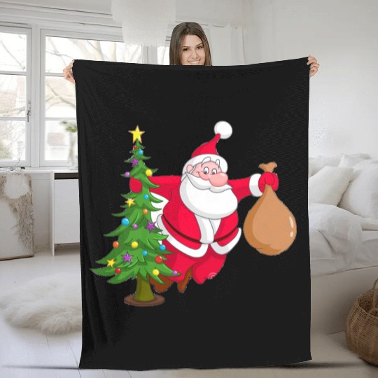santa with christmas tree Fleece Blankets