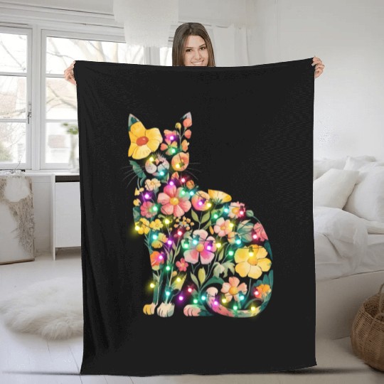 Floral Cat Silhouette nature santa christmas light Fleece Blankets