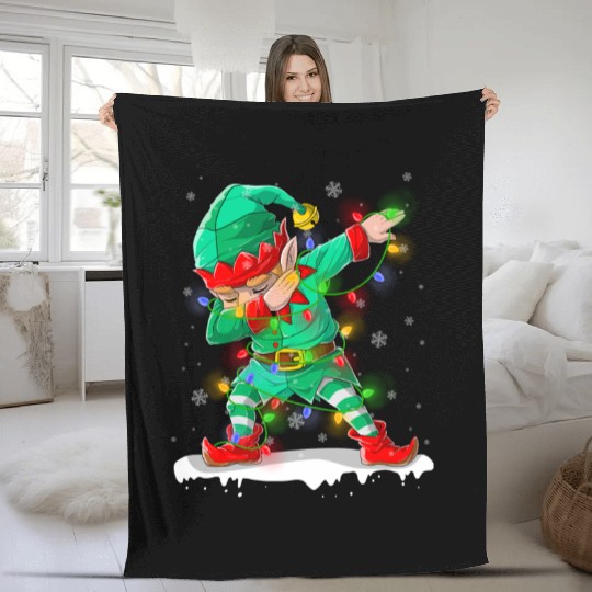 Dabbing Elf Christmas Tree Lights Xmas Family Fleece Blankets