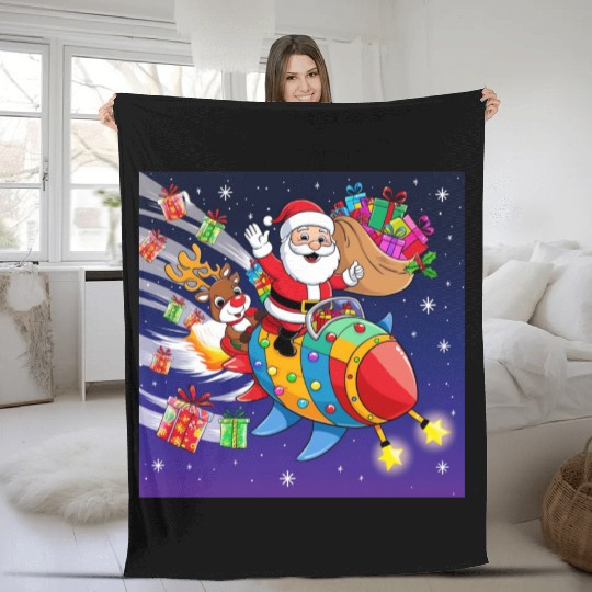Reindeer with father christmas and spaceship Fleece Blankets