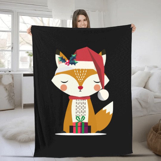 cute fox with santa hat and gift Fleece Blankets