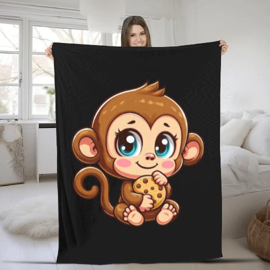 Cute Monkey Chimpanzee eating cookies cartoon Fleece Blankets