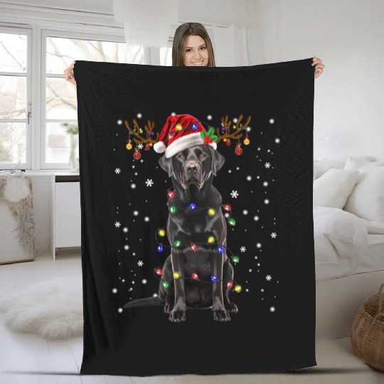 Black Lab Labrador Christmas Tree Light Fleece Blankets