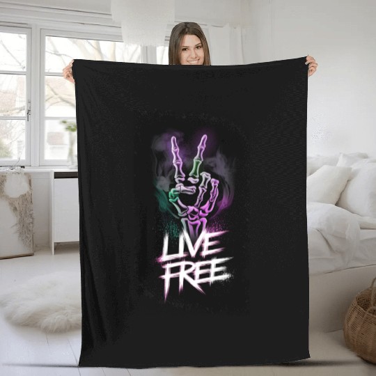 "Live Free Neon Skeleton Hand Design" Fleece Blankets