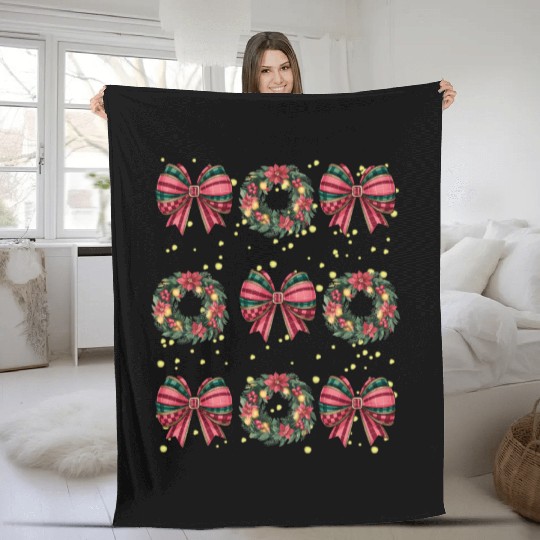 Christmas wreath, Christmas Coquette Bow Fleece Blankets