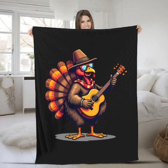Funny Thanksgiving Turkey Guitar Player Music Fleece Blankets