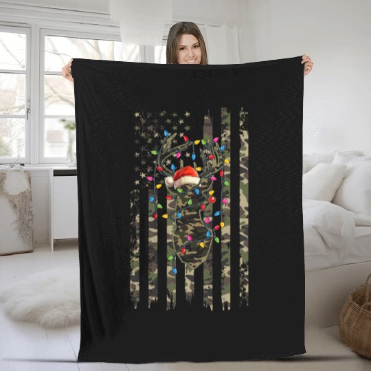 American Flag Christmas Camo Hunting Reindeer Xmas Fleece Blankets
