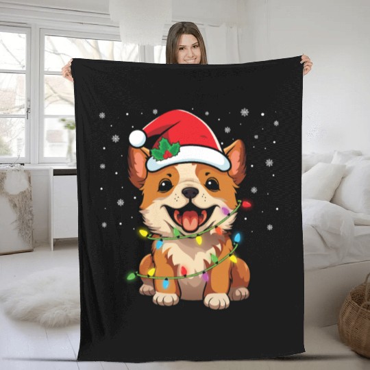 Cute Happy Dog Christmas Lights Santa Dog Hat Love Fleece Blankets
