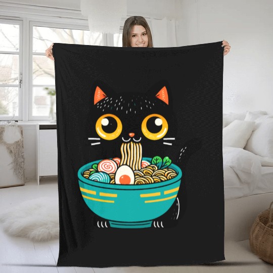 Funny Cat Eating Ramen Japanese Cat Ramen Noodles Fleece Blankets