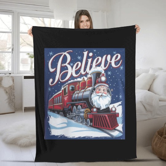 Believe Train North Pole Xmas Santa Claus Christma Fleece Blankets