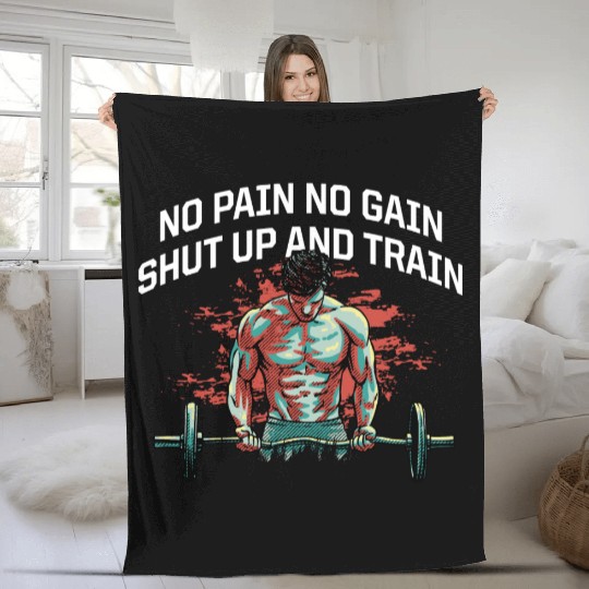 Shut Up and Train Funny Workout Humor Gym Sayings Fleece Blankets