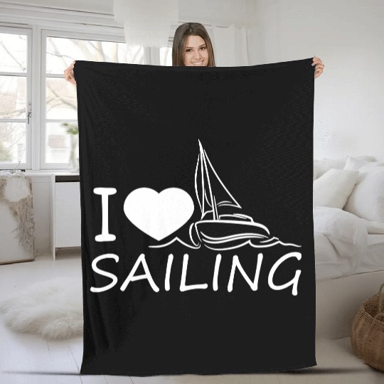 I Love Sailing Text Saying Waves Sailor Heart Love Fleece Blankets