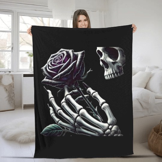 Skeleton Hand Holding a Poisonous Rose Fleece Blankets
