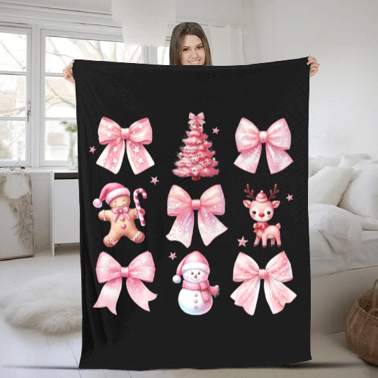 Chrirstmas Pink Bow, Christmas Retro Fleece Blankets