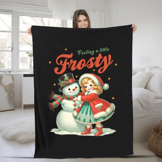 Snowman with Girl, Merry Christmas Fleece Blankets