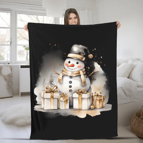 Black Gold Snowman, Merry Christmas Fleece Blankets