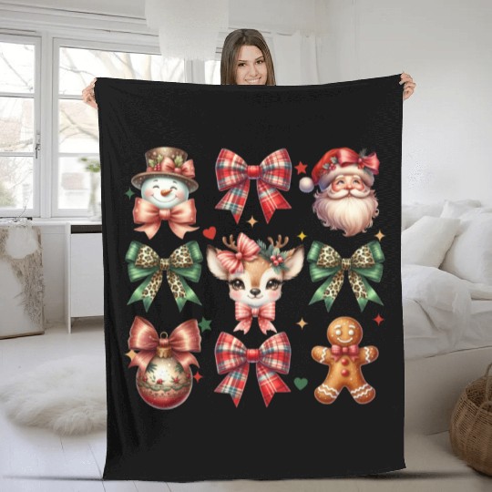 Christmas Coquette Bow Retro Christmas Fleece Blankets