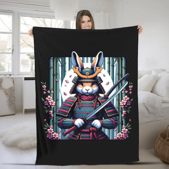 Samurai Rabbit with Katana and Cherry Blossoms Fleece Blankets