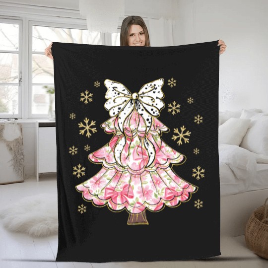 Preppy Pink Coquette Bow Xmas Tree Fleece Blankets