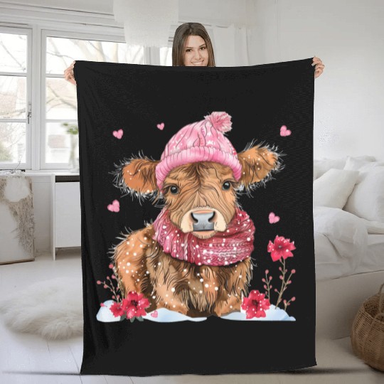 Cute Highland Cow Valentines Day Fleece Blankets