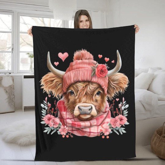 Cute Highland Cow Valentines Day Fleece Blankets