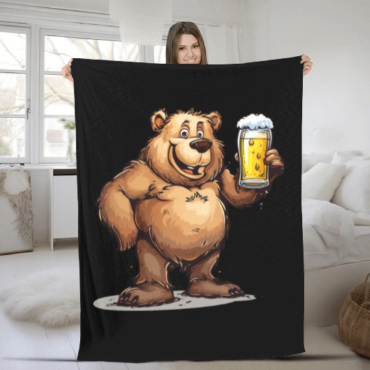 Cute Bear Drinking Beer 2 Fleece Blankets