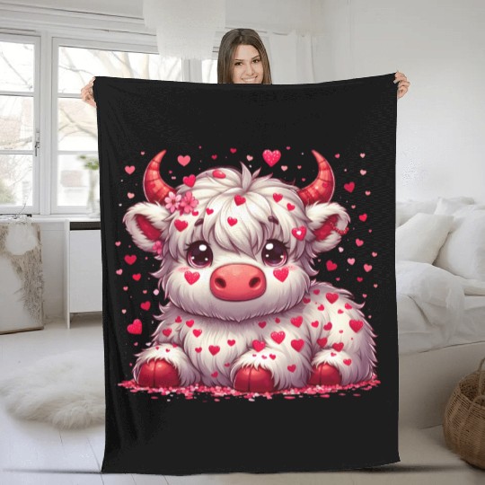 Cute cartoon valentines highland cow Fleece Blankets