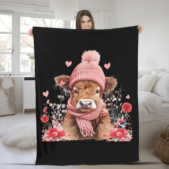 Cute Highland Cow Valentines Day Fleece Blankets