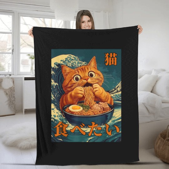 Cat Ramen Japanese Graphic Art Kids Men Women Fun Fleece Blankets