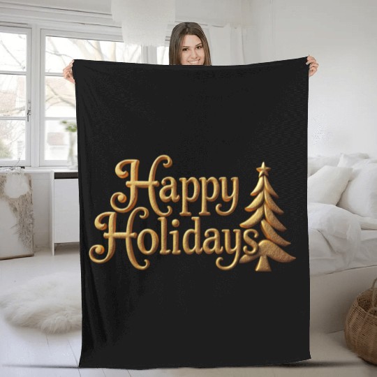 Golden Elegance Happy Holidays Motif Fleece Blankets