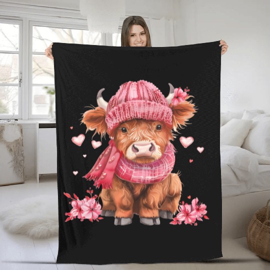 Cute Highland Cow Valentines Day Fleece Blankets