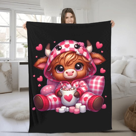 Cute cartoon valentines highland cow Fleece Blankets