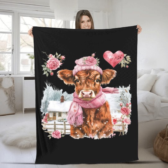 Cute Highland Cow Valentines Day Fleece Blankets