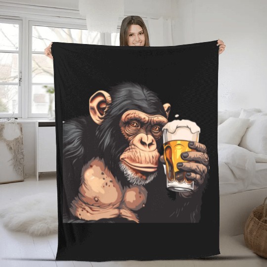 Cute Chimpanzee Drinking Beer 2 Fleece Blankets