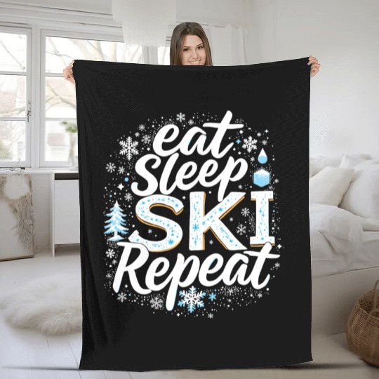 Eat Sleep Ski Repeat Ski Winter Sports Skiers Fleece Blankets