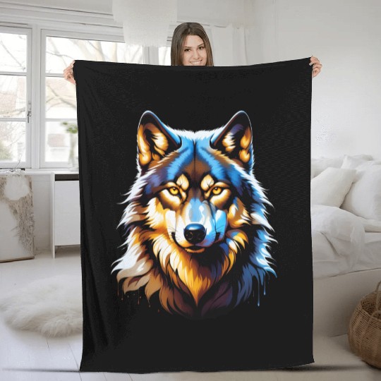 Isolated Lone Wolf Head Ink Design Fleece Blankets