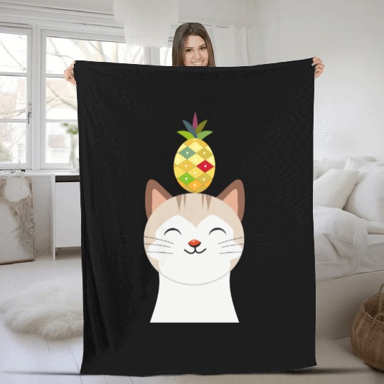 Happy Cat with Pineapple - Tropical Animal Design Fleece Blankets