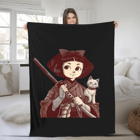Chibi Samurai Warrior Cat Companion & Blossoms Fleece Blankets