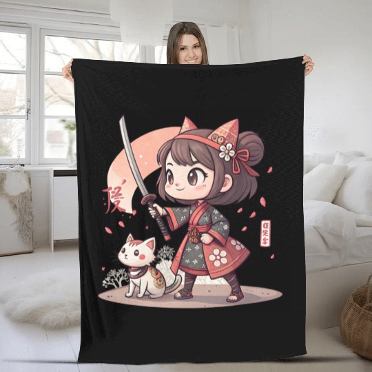 Adorable Anime Samurai Girl: Cat & Katana Design Fleece Blankets
