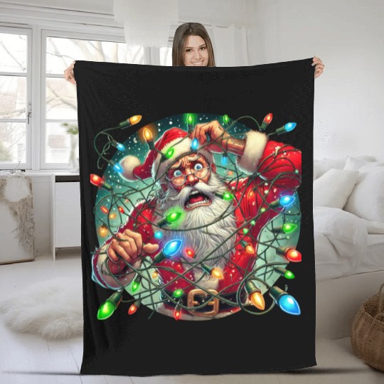 Funny Christmas Santa: Tangled in Lights Fleece Blankets